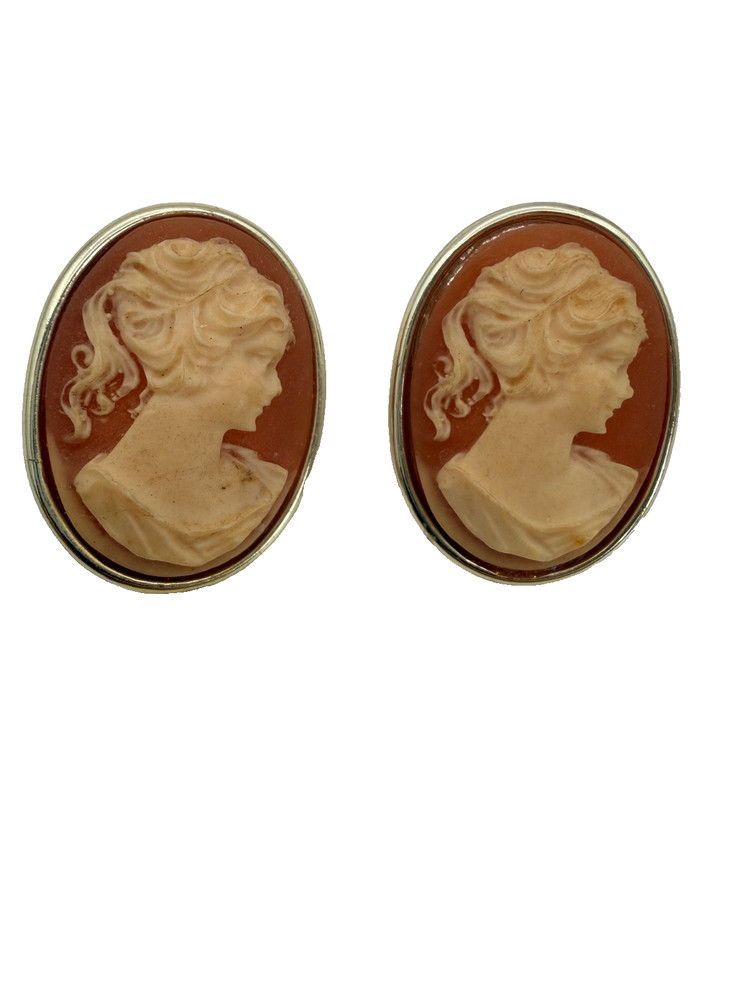 Vintage Victorian Revival Cameo Portrait Stud Earrings Oval Resin Cameos
