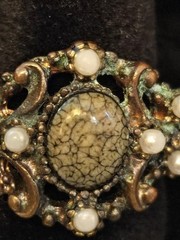 Vintage Costume Jewelry Copper Marbel Lke Stone Faux Pearls Scroll Work Ring