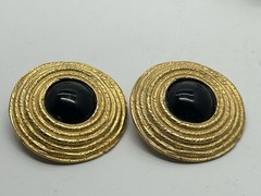 Vtg Les Bernard Runway Gold Plt RARE Black Cabochon Glass Rope Disc Earrings XL