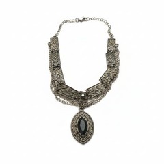 Vintage Gothic Antiqued Silver Tone Filigree Panel Marquise Rhinestone Necklace