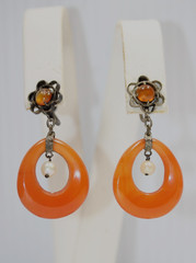 vintage carnelian oval circle dangle center pearl screwback earrings #0101