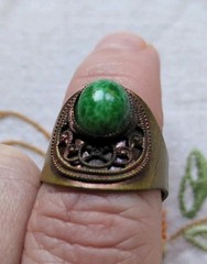 Vintage Made In West Germany Faux Jade Brass Ring Adjustable Size 5