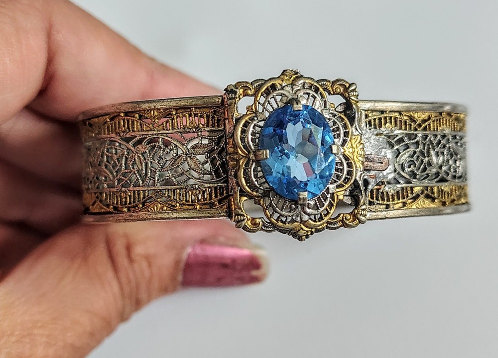 Antique JJ White Art Deco Rhodium/Gold Filigree Hinge Bracelet Blue Czech Stone