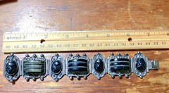 VTG Mexico Sterling Silver BANDED BLACK Onyx Bracelet Carved Mask Face 6O GRAMS
