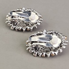 Vintage Rhinestone Clip On Earrings Blue Glass Oval Flower Silver Tone 1″