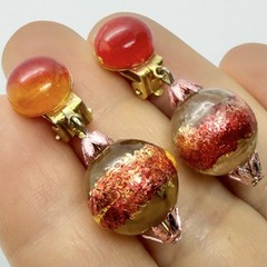 Vtg Hong Kong Lucite Foil Yellow Red Bead Dangle Earrings Clip-on