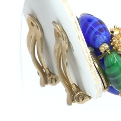 Elegant Vintage Les Bernard Clip On Earrings Blue & Green Glass Golden Ornament