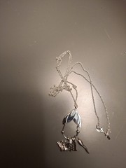 Vtg Monet Charm Necklace Silvertone+3 Charms+Beaded Spacers Signed 30″ 1980’s