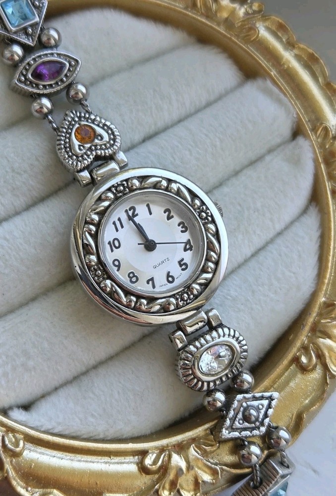 Vintage Avon Jeweled Slider Bezel Charm Bracelet Watch 7″