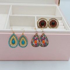 Lot Of 3 Pairs Of Earrings Boho Retro Stud And Hook Beaded Jeweled Teardrop