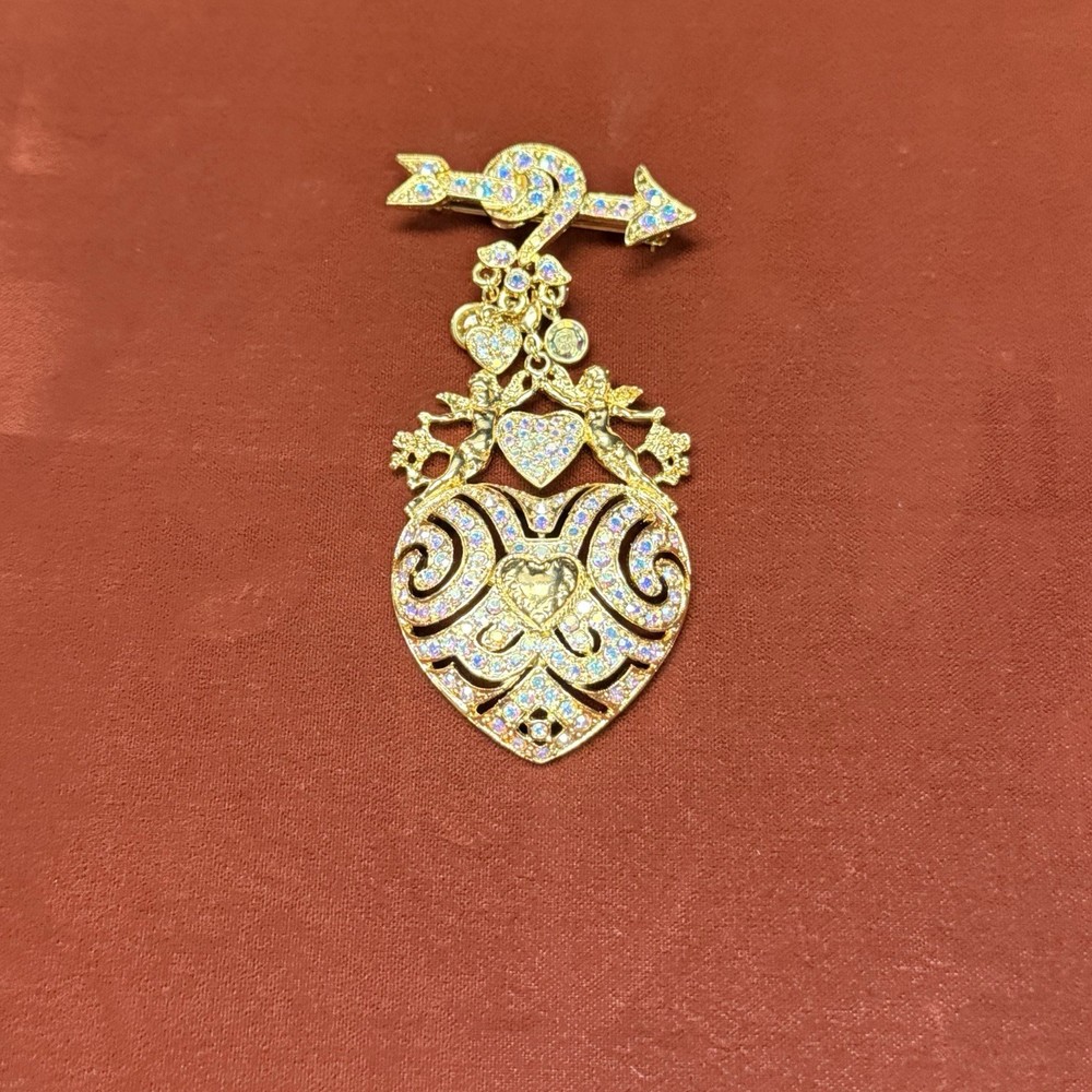 Vtg KIRKS FOLLY Angel Love Heart/Arrow with Rhinestones Charms Brooch
