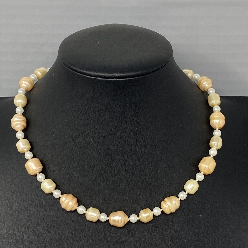 Simulated Pearl Necklace Baroque Cream Peach Collar Vintage Fish Hook Clasp 17″