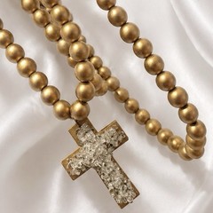 Vintage Original Shattered Fine Art Glass Cross Gold Wood Prayer Beads Necklace