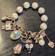 VINTAGE BETSEY JOHNSON PINK CORSET ENAMEL FINISH DANGLING CHARMS FAUX PEARLS…