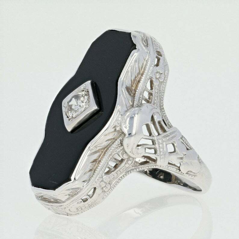 Art Deco Black Onyx & Mine Cut Cubic Zirconia 18.26TCW Filigree Milgrain Ring