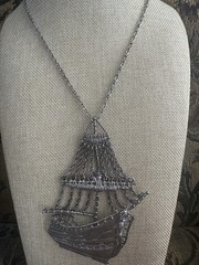 Vintage Sailing Ship Necklace Silver Tone Big Nautical Pendant Brutalist 60s 70s