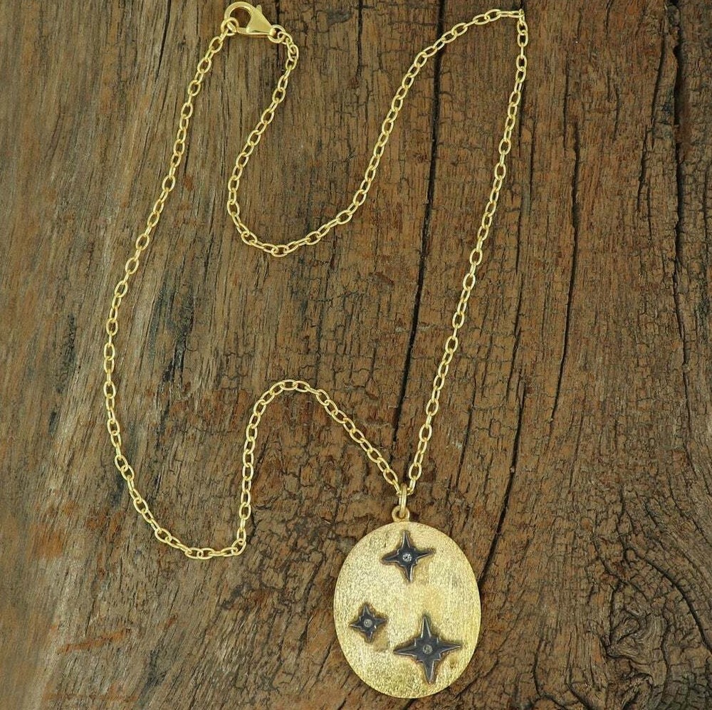 Genuine Diamond Star 18K Gold Plating Fine Silver Disc Charm Necklace RD836
