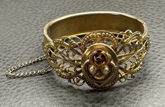 Vintage Gold Tone Filigree Bangle Bracelet Pearl Accents Rose Motif Hinged