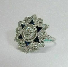 14K White Gold Finish Ring Art Deco Round Lab Created Diamond & Sapphire Wedding