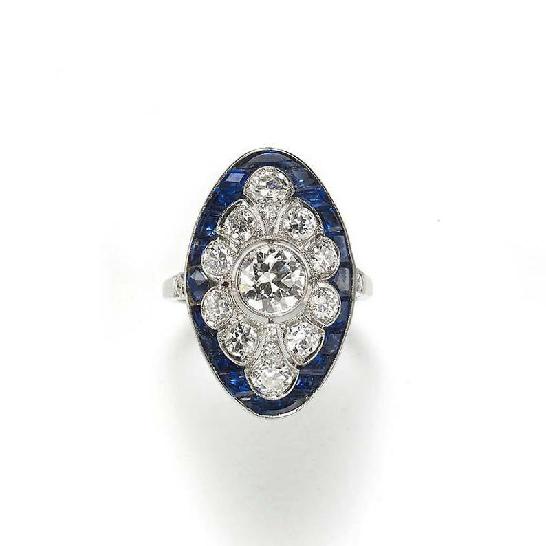 Edwardian Cut Vivid White Cubic Zirconia With Fancy Cut Blue Sapphire Fine Ring