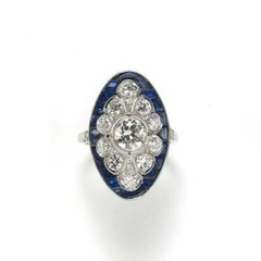 Edwardian Cut Vivid White Cubic Zirconia With Fancy Cut Blue Sapphire Fine Ring