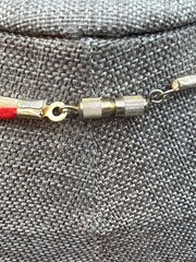 Vintage Knotted Rope Necklace 20 In Red White Iridescent Beads Gold Nautical