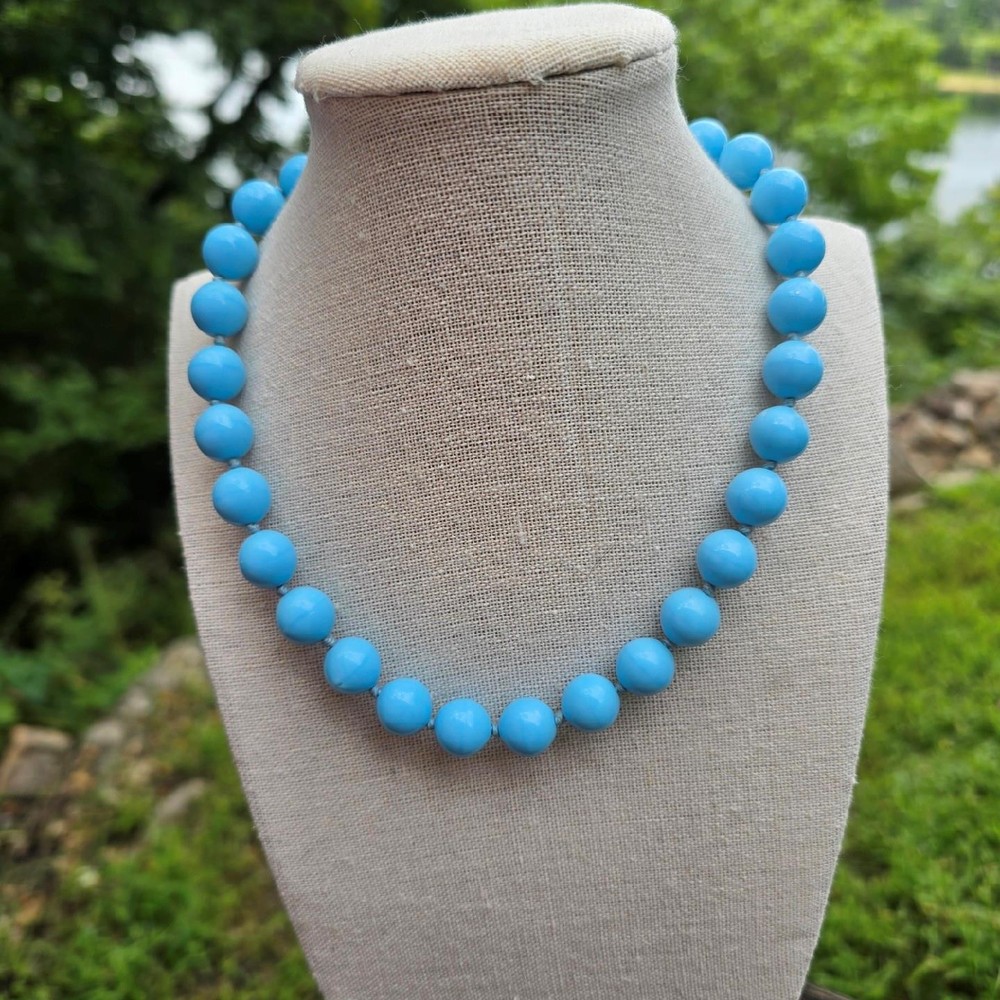 Vintage German Glass Bead Statement Necklace Hand knotted Sky Blue 15.5 in. +2in