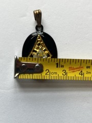Vintage Gold Tone Black Oval Resin Pendant Necklace Faux Diamond