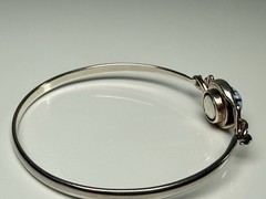 Sterling Silver Blue White Art Glass Bead Bangle Bracelet 6.5” 925