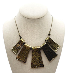 Exotic Hammered Style 5 Metal Plate Bib Necklace Brutalist Cleopatra Look 21 In