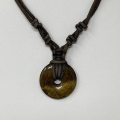Tigers Eye Pendant Necklace Gold Round Donut Brown Cord Amulet Bohemian 16″