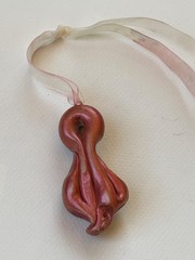Handmade Green & Iridescent Coral Polymer Clay Mystical Face Pendant w Silk Ribb