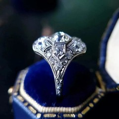 Vintage Art Deco Style Lab Created Diamond Engagement 14k White Gold Finish Ring