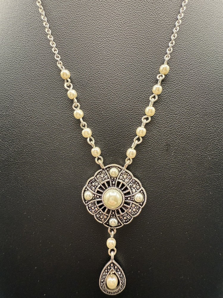 Vintage Crown Trifari Y Drop Necklace Marcasite & Faux Pearl Pendant 33 In #613