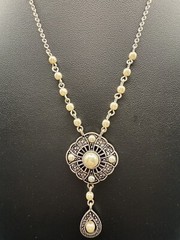 Vintage Crown Trifari Y Drop Necklace Marcasite & Faux Pearl Pendant 33 In #613