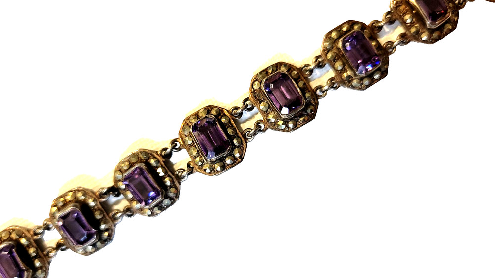Antique amethyst and markasite bracelet ss links, byzantine design size 6 , 2.4g