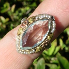 14k Solid White Gold Yellow & Rose Accented Aquamarine Pearl Filigree Ring Sz 5