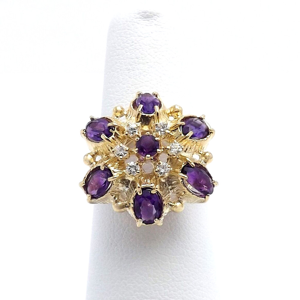 Solid Gold Natural Amethyst Diamond Halo Open Filigree Ring Retro Deco 13 to 14k