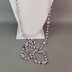 Vintage Art Deco Beaded Necklace Blue Givre Pink Milk Glass 59″ Long Flapper
