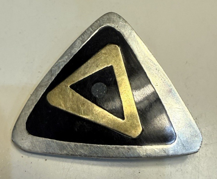Vintage 1950s modernist triangular sterling silver and black onyx btooch or pin