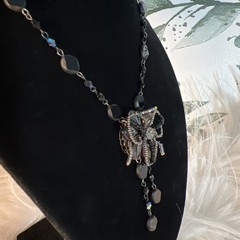 Vintage Belladonna Canada Black Iridescent Flower Drop Necklace Gothic Victorian