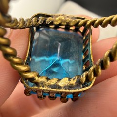 Vintage Cocktail Ring Twisted Brass Band Aqua Rhinestone Size 6