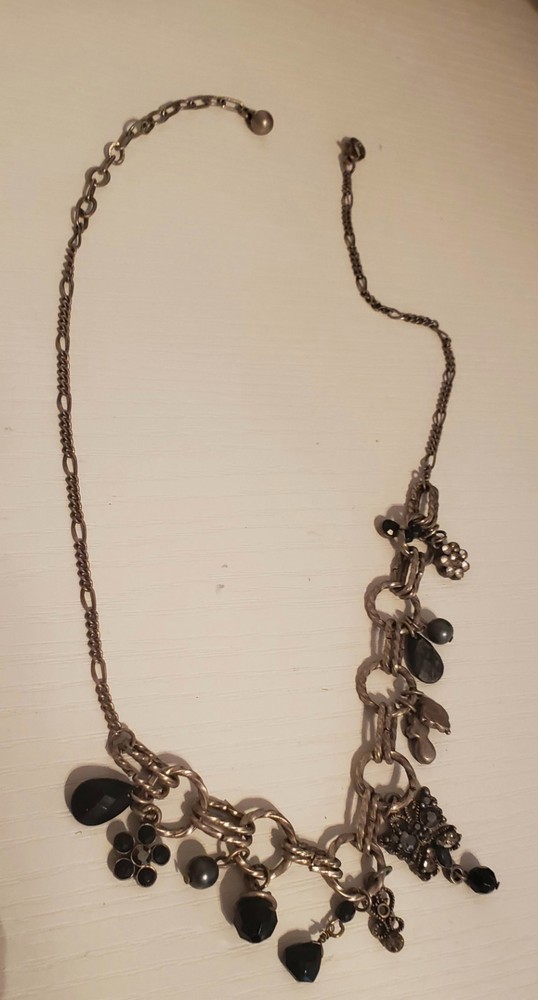 Vtg Black Beads And Crystal Charms On A Silver 18″ Chain