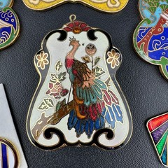 Vintage Cloisonne Enamel Pendant Lot LG Heavy Medallions Puffy Peacock WWII 71st
