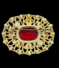 Vtg 1930s Art Deco Celluloid Filigree Brooch Central Red Stone Colorful Accents