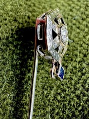 Antique Art Deco Victorian 18K White Gold Diamond & Sapphire Stick Pin Filigree