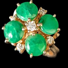 Vintage Diamond Jade Flower Cocktail Ring 14k Yellow Gold Retro Estate Gift