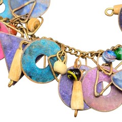 Vtg Copper Collage Art Necklace Metal Geometric Shapes Lampwork Beads & Bones