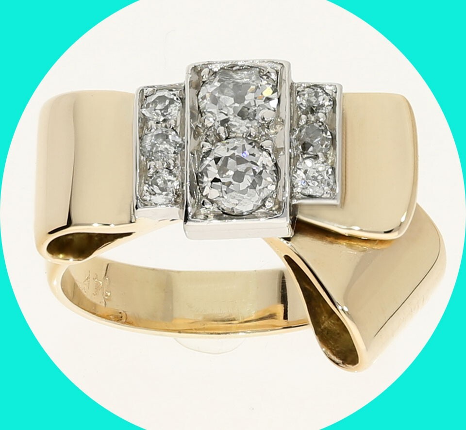 Antique Diamond Bow Ring 14K Two Tone Gold .72CT Mine Cut Size 6 1/4