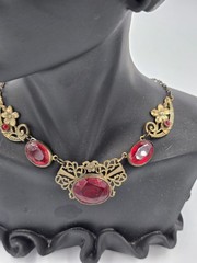 Antique Brass Filigree Necklace Red Glass Stones Art Deco Nouveau Style